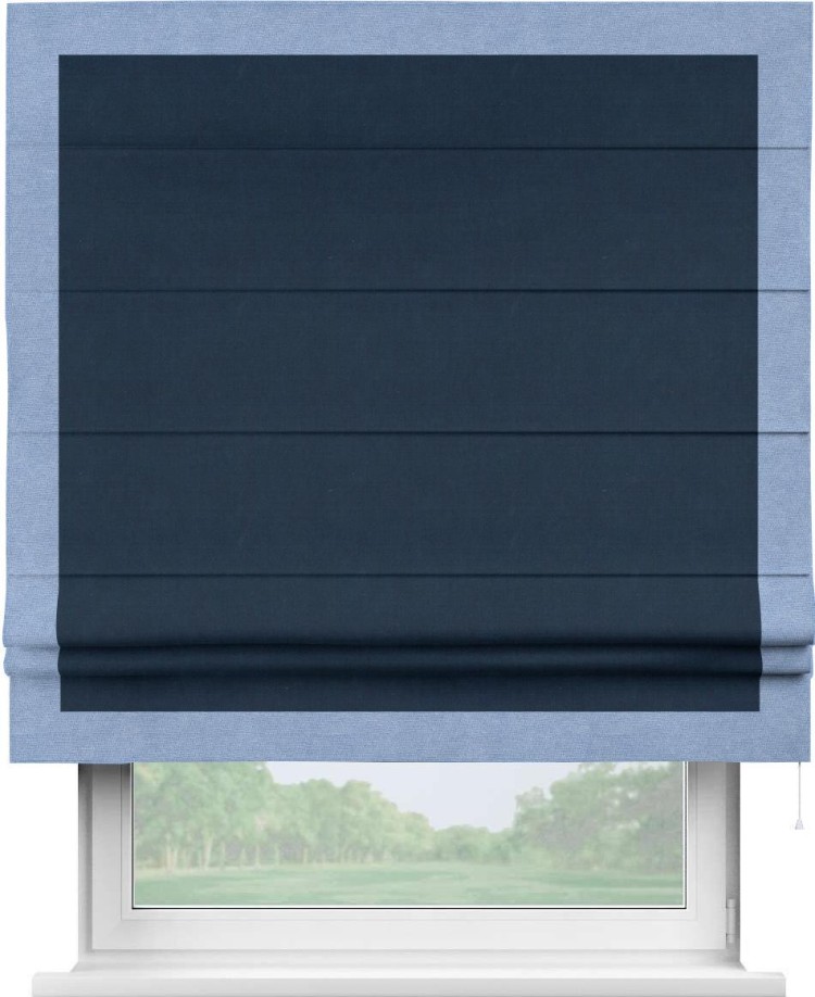 Римская штора «Кортин» с кантом Чесс, для проема, ткань вельвет темно-синий